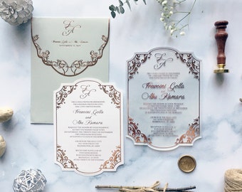 Custom Acrylic Wedding Invitation, Gold Mirror Invitation, Rose Gold Acrylic Invitation, Transparent Invitation, Acrylic table numbers 011