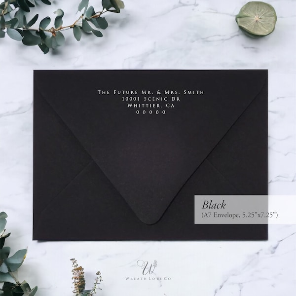 Black Envelope, Envelope Printing, White ink, Personalised Invitation, Address Printing, Calligraphy, Return Address, A7 Euro Flap Envelope