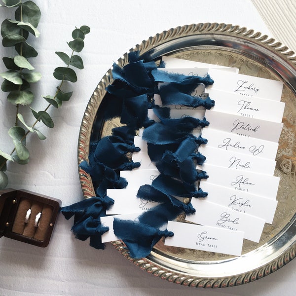 Silk Ribbon Wedding Place Cards, Wedding Escort Cards, Calligraphy Place Cards, Guest Names Cards, Hand Dyed Silk Ribbon, Colored Ribbon