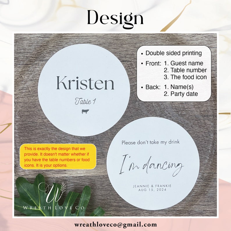 K&ouml;nnte beinhalten: Ein runder, hellblauer Papieruntersetzer mit dem Text "Kristen Table 1" und einem Kuh-Symbol. Die R&uuml;ckseite des Untersetzers tr&auml;gt den Text "Please don't take my drink I'm dancing JEANNIE & FRANKIE AUG 15, 2024".