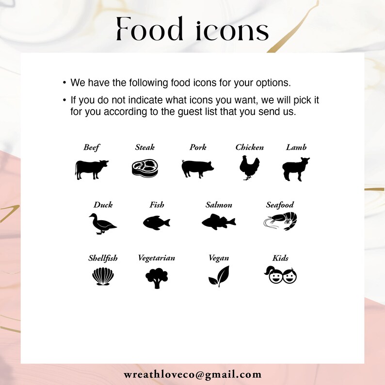 K&ouml;nnte beinhalten: Schwarz-wei&szlig;e Essenssymbole f&uuml;r Rindfleisch, Steak, Schweinefleisch, H&auml;hnchen, Lamm, Ente, Fisch, Lachs, Meeresfr&uuml;chte, Schalentiere, Vegetarier, Veganer und Kinder. Der Text "Food icons" befindet sich oben im Bild. Der Text "We have the following food icons for your options. If you do not indicate what icons you want, we will pick it for you according to the guest list that you send us." befindet sich unter den Symbolen. Der Text "wreathloveco@gmail.com" befindet sich unten im Bild.