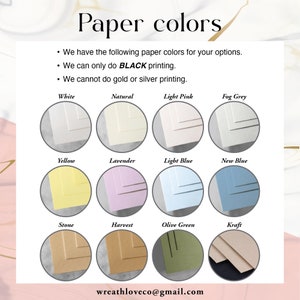 K&ouml;nnte beinhalten: Eine Tabelle mit 12 verschiedenen Papierfarben zum Drucken. Die Farben sind: Wei&szlig;, Natur, Hellrosa, Nebelgrau, Gelb, Lavendel, Hellblau, Neu Blau, Stein, Ernte, Olivgr&uuml;n und Kraft. Der Text besagt, dass nur Schwarzdruck m&ouml;glich ist.