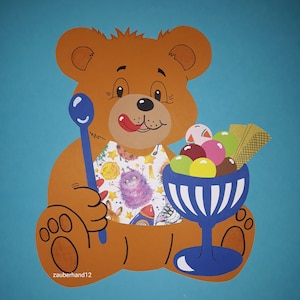 Fensterbild, Bär mit Eisbecher, Tonkarton, Deko,Sommer, Urlaub, Kinderzimmer