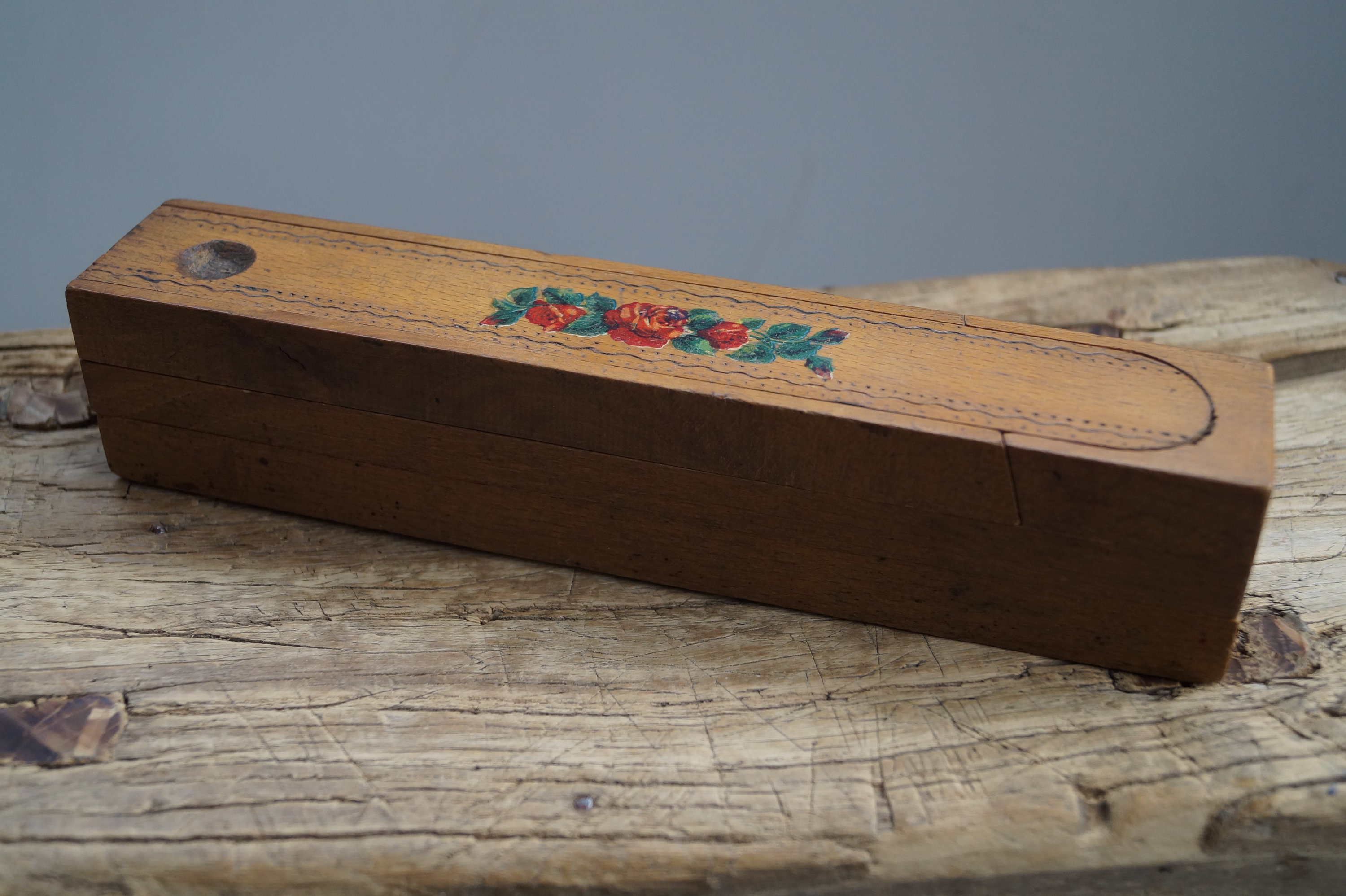 Vintage Wooden Pencil Case Floral Painted Swivel Etsy