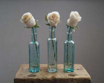 Vintage Embossed Green Glass Bottles - Set of Three - Bud Vases