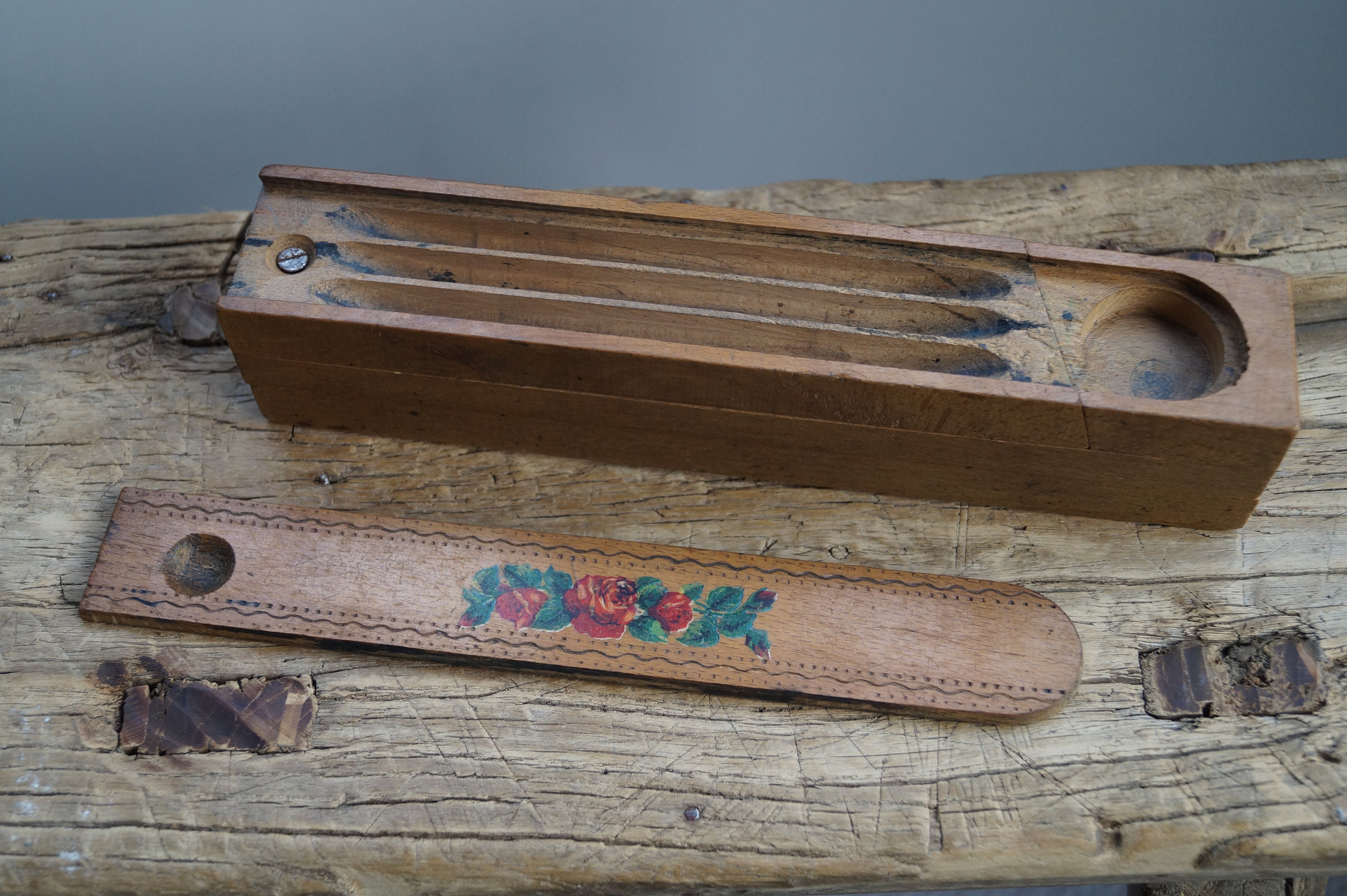 Vintage Wooden Pencil Case Floral Painted Swivel Etsy