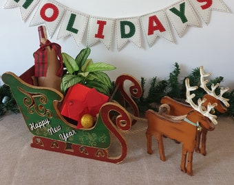 Santa Sleigh and Reindeer Christmas Decor, Wooden Holiday Decor