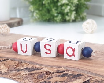 USA Wooden Blocks Sign Tiered Tray Decor, 4th of July Patriotic Gift, Small Wood Farmhouse Decor