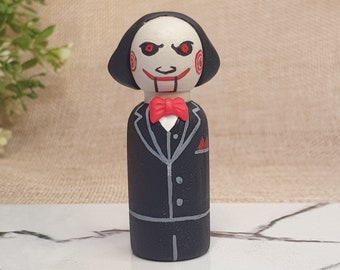 Jigsaw Wooden Peg Doll, Gift for SAW Fans, Halloween Tier Tray Decor, Classic Horror Movie Charachters Figure