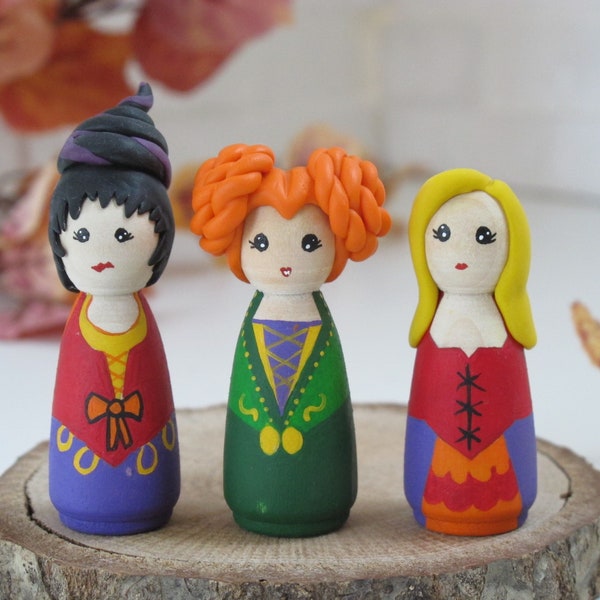 Hocus Pocus Wooden Peg Doll Set, Sanderson Sisters Witch Figurines Decor, Halloween Dollhouse Toys, Gifts for Mom & Her