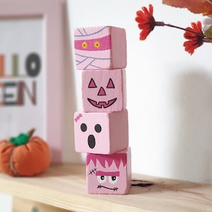 Pink Halloween Baby Shower & Birthday Wood Block, Cute Nursery and Girls Room Wooden Sign Decor / Pumpkin, Ghost, Mummy, Frankenstein