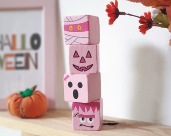 Pink Halloween Baby Shower & Birthday Wood Block, Cute Nursery and Girls Room Wooden Sign Decor / Pumpkin, Ghost, Mummy, Frankenstein