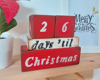 Christmas Countdown Blocks, Xmas Wood Sign Home Decor, Reversible New Year Tier Tray & Mantel Decor