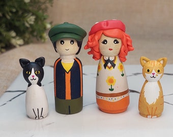 Personalized Family Peg Doll Set, Custom Wooden Peg People with Pets (Cat or Dog) Birthday, Anniversary or Christmas Gift for Grandparents