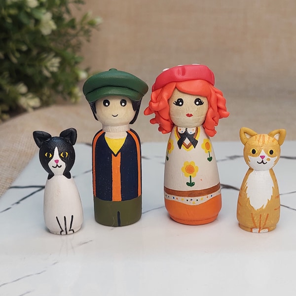 Personalized Family Peg Doll Set, Custom Wooden Peg People with Pets (Cat or Dog) Birthday, Anniversary or Christmas Gift for Grandparents