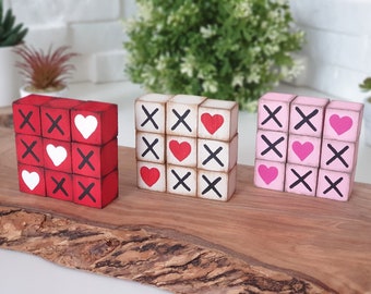 Kids Valentine's Day Tic Tac Toe, Gift Wood Blocks Set, Wooden Tiered Tray Decor, Game Cubes, Shelf Sitter Decor