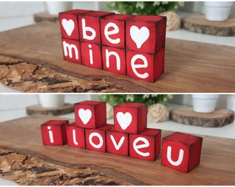 Valentines Day Decor Red Wooden Blocks Gift, Reversible Tiered Tray Decor, Be Mine & I Love You