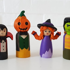 Halloween Peg Doll Set, Wooden Figurine Toys, Gift For Toddler Child / Dracula, Jack O'Lantern, Witch, Frankenstein Set of 4