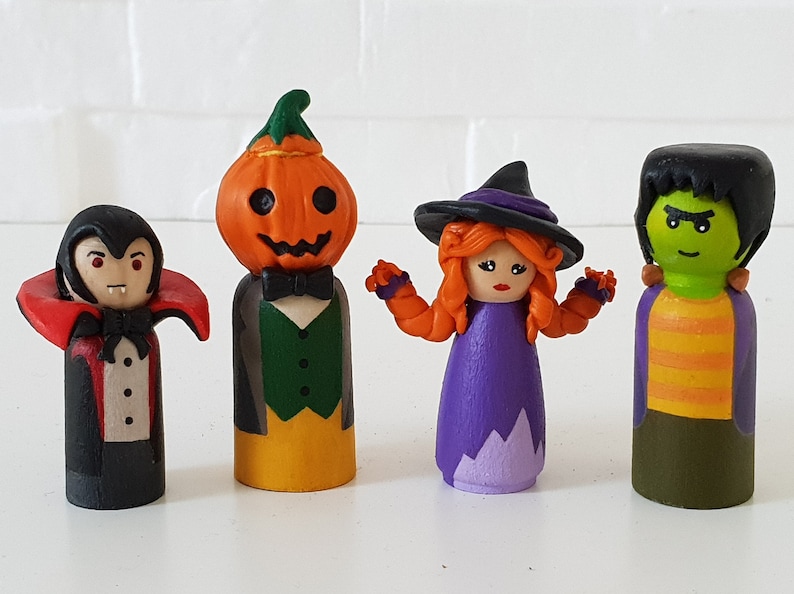 Halloween Peg Doll Set, Wooden Figurine Toys, Gift For Toddler Child / Dracula, Jack O'Lantern, Witch, Frankenstein Set of 4