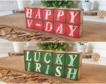 St. Patricks Valentines Day Wooden Blocks, Reversible Tiered Tray and Shelf Sitter Decor, Lucky Irish & Happy V Day Signs