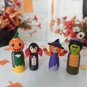 Halloween Peg Doll Set, Wooden Figurine Toys, Gift For Toddler Child / Dracula, Jack O'Lantern, Witch, Frankenstein image 9