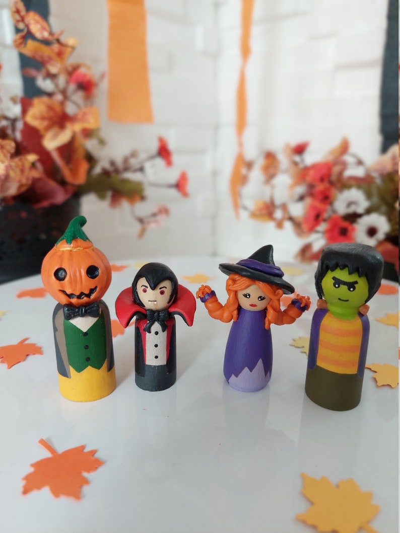 Halloween Peg Doll Set, Wooden Figurine Toys, Gift For Toddler Child / Dracula, Jack O'Lantern, Witch, Frankenstein image 9