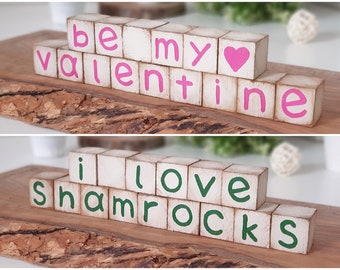St. Patricks Valentijnsdag houtblokken, omkeerbaar gelaagd dienblad decor, ik hou van Shamrock & Be My Valentine Signs