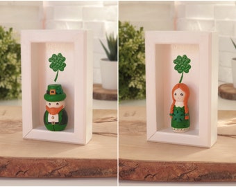 St Patricks Gnome Doll Wall Art Decor Ornament, Leprechaun & Irish Girl Hanging Framed Box Figurine