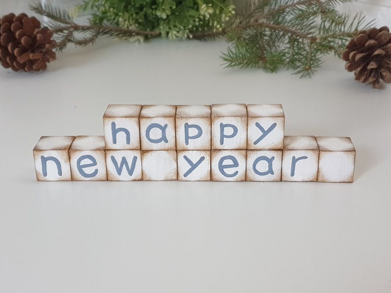 Merry Christmas & Happy New Year Reversible Wood Block Set for Tier Tray Decor image 4