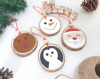 Christmas Wood Slice Ornament, Hanging Xmas Tree Decor, Tier Tray Decor / Santa Claus, Snowman, Reindeer, Penguin Home Wall & Mantel Decor