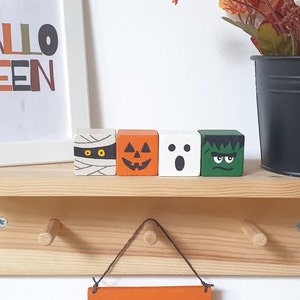 Halloween Wood Block Set, Wooden Tier Tray Cute Home Decor / Pumpkin, Ghost, Mummy & Frankenstein Sign image 8