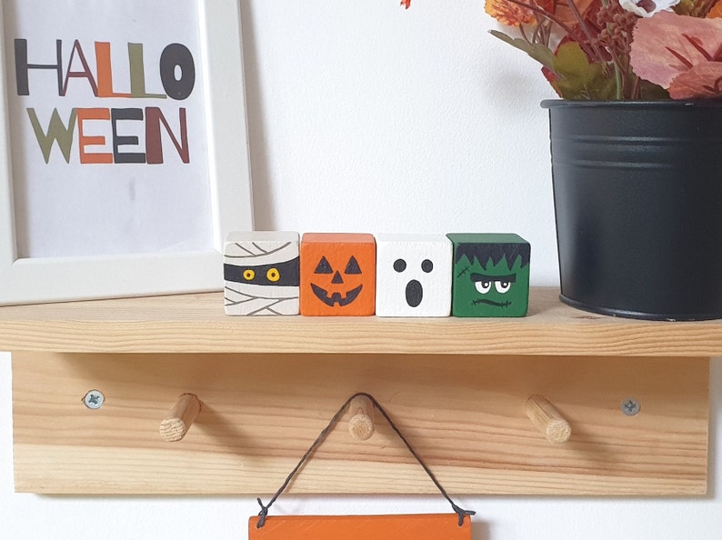 Halloween Wood Block Set, Wooden Tier Tray Cute Home Decor / Pumpkin, Ghost, Mummy & Frankenstein Sign image 8