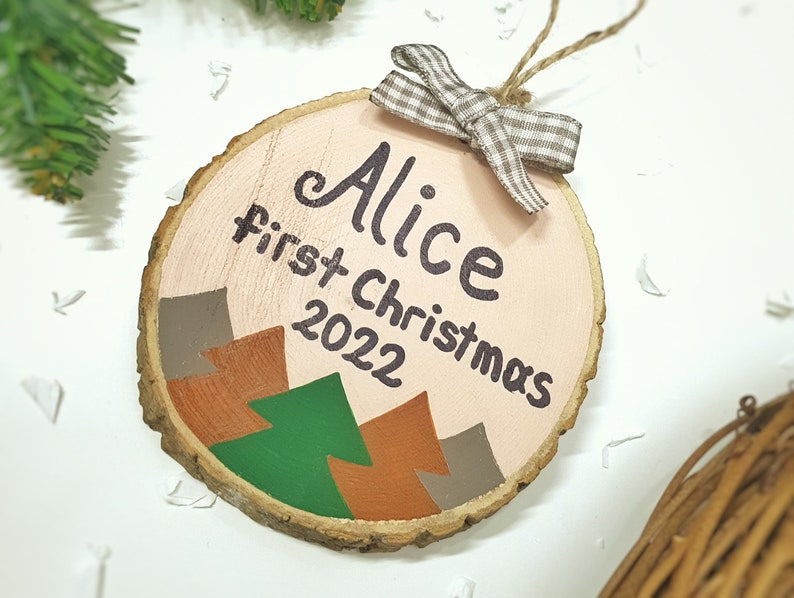 First Christmas Ornament, 1st Xmas Hanging Tree Decor, Personalized Wood Slice Baby Gift image 2