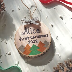 First Christmas Ornament, 1st Xmas Hanging Tree Decor, Personalized Wood Slice Baby Gift image 3