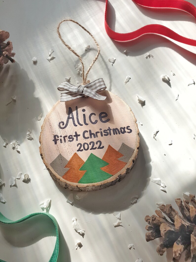 First Christmas Ornament, 1st Xmas Hanging Tree Decor, Personalized Wood Slice Baby Gift image 3