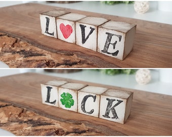 Love & Luck Reversible Wooden Blocks Set, Wood Tiered Tray Decor, St. Patricks and Valentines Day Sign