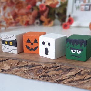 Halloween Wood Block Set, Wooden Tier Tray Cute Home Decor / Pumpkin, Ghost, Mummy & Frankenstein Sign image 7