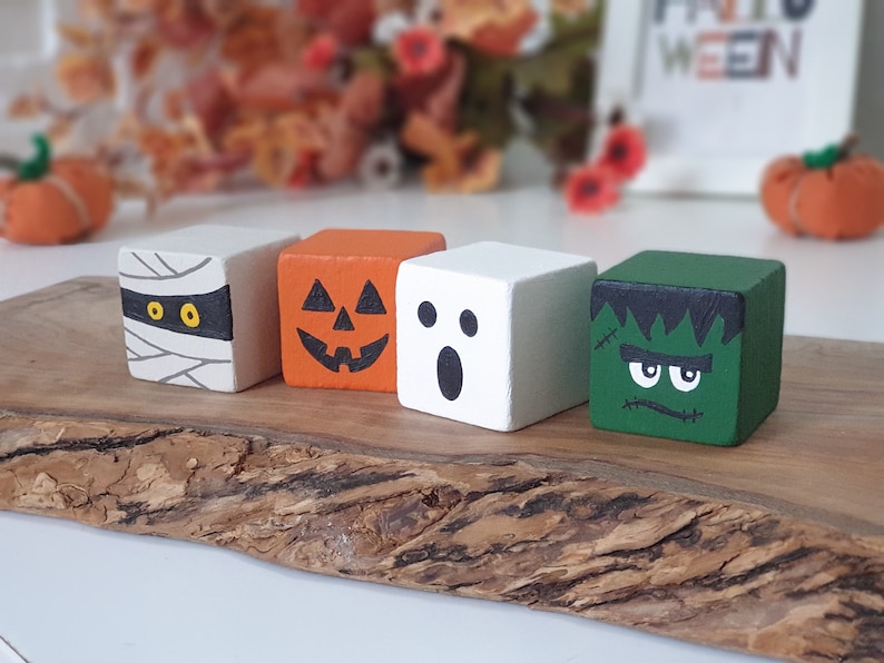 Halloween Wood Block Set, Wooden Tier Tray Cute Home Decor / Pumpkin, Ghost, Mummy & Frankenstein Sign image 7