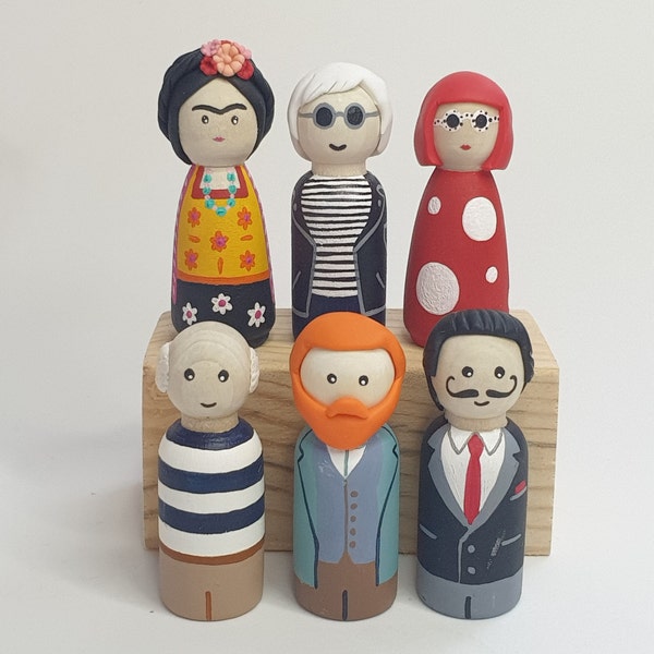 Famous Painters Wooden Peg Dolls / Frida Kahlo, Salvador Dali, Andy Warhol, Pablo Picasso, Vincent Van Gogh, Yayoi Kusama Handmade Wood Toy