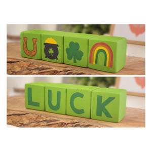 St Patricks Wood Block Set, Wooden Tier Tray Cute Home Decor, Nursery Baby Gift / Shamrock, Rainbow, Lucky Horseshoe & Pot of Gold Sign
