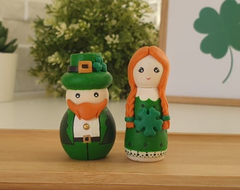 Leprechaun Gnome & Irish Girl Doll St Patricks Day Figurine, Wooden Peg Toy Hanging Ornament, Tiered Tray Decor