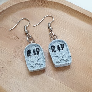 RIP Tombstone Earrings, Creepy Graveyard Jewelry, Gift for Halloween Costume Party