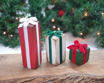 Wood Christmas Present, Mini Xmas Home Decor, Winter Tier Tray Decor, Rustic Wooden Block Gift Box