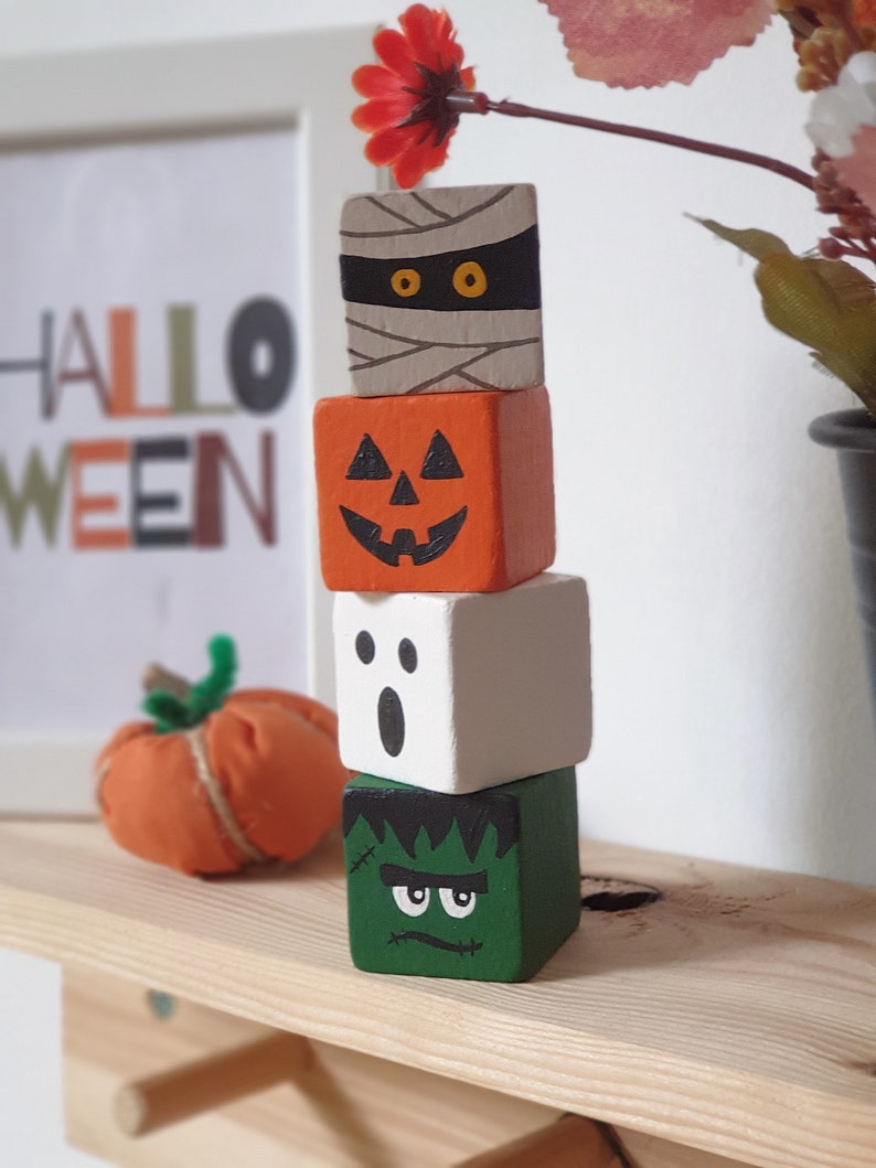 Halloween Wood Block Set, Wooden Tier Tray Cute Home Decor / Pumpkin, Ghost, Mummy & Frankenstein Sign image 9