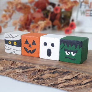 Halloween Wood Block Set, Wooden Tier Tray Cute Home Decor / Pumpkin, Ghost, Mummy & Frankenstein Sign image 2