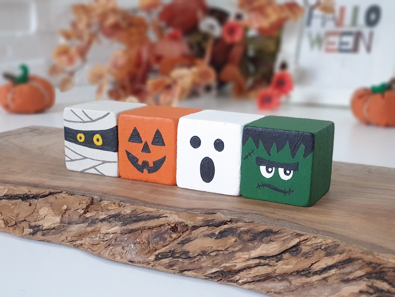 Halloween Wood Block Set, Wooden Tier Tray Cute Home Decor / Pumpkin, Ghost, Mummy & Frankenstein Sign image 2