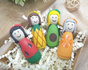 Fruit Girl Peg Dolls, Gift for Dietitian New Office, Wooden Decor for Nutritionist / Avocado, Watermelon, Pineapple & Mandarin - Tangerine