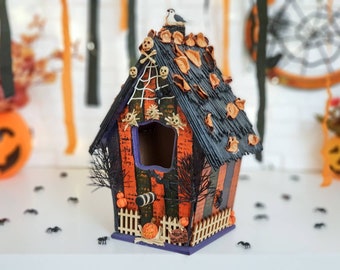 Halloween Haunted Birdhouse, Orange and Black Home & Outdoor Fall Season Decor, Spooky Bird House