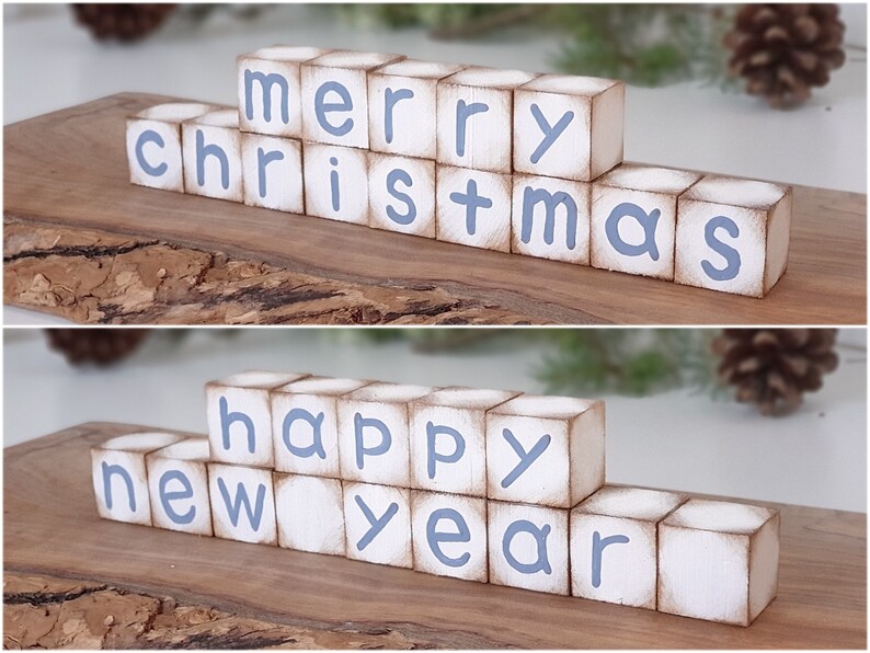 Merry Christmas & Happy New Year Reversible Wood Block Set for Tier Tray Decor image 2