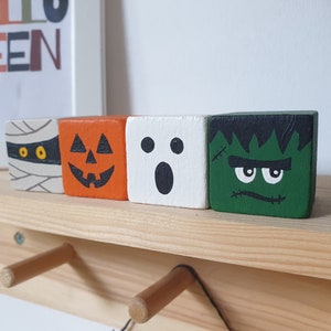 Halloween Wood Block Set, Wooden Tier Tray Cute Home Decor / Pumpkin, Ghost, Mummy & Frankenstein Sign image 4